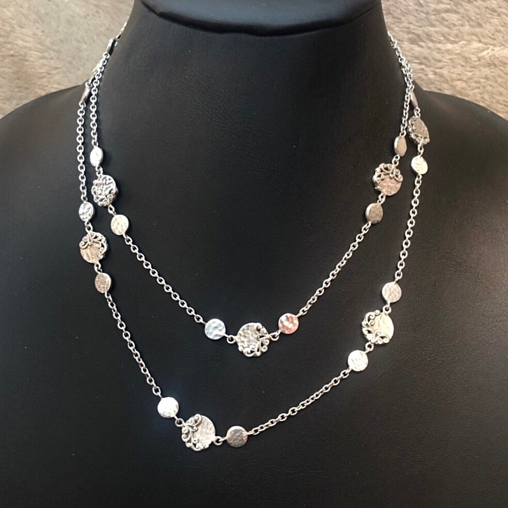 LOIS HILL Sterling Silver Hammered Disc Cut Out Scroll Toggle Necklace 36” NWT